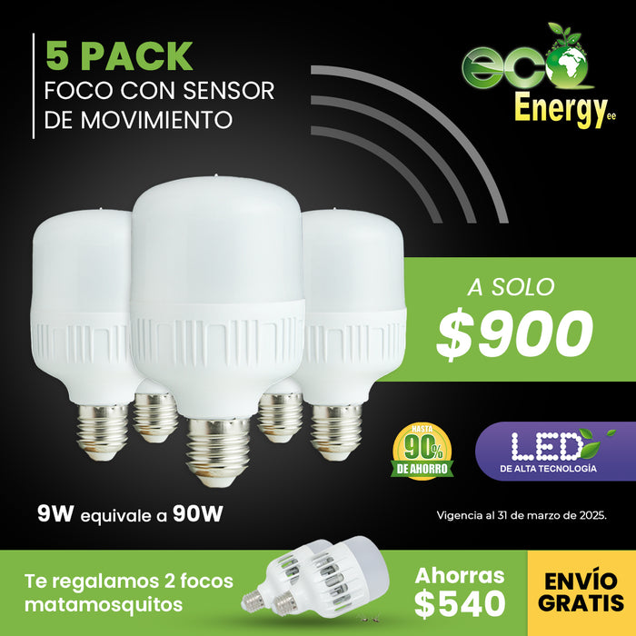5 Pack Foco con Sensor de Movimiento