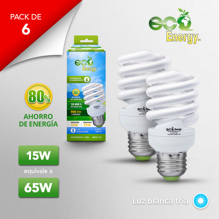 Pack de 6 Focos Ahorradores de Espiral 15w | Luz blanca fría