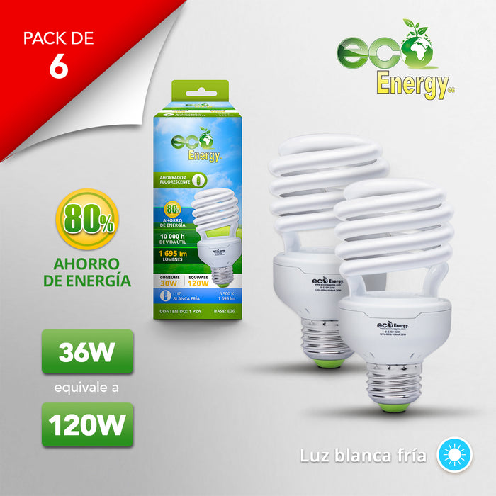 Pack de 6 Focos Ahorradores de Espiral 30w | Luz blanca fría