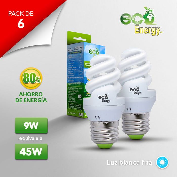 Pack de 6 Focos Ahorradores de Espiral 9w | Luz blanca fría