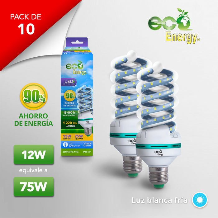 Pack de 10 Focos Espiral LED 12w | Luz blanca fría