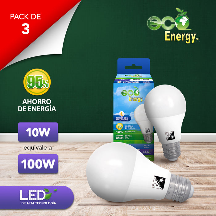 Pack de 3 Focos con Sensor de Fotoceldas 10w equivalente a 100w | Luz blanca fría