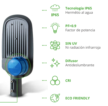 Luminaria LED con fotoceldas para vialidades | 30w - Color Gris