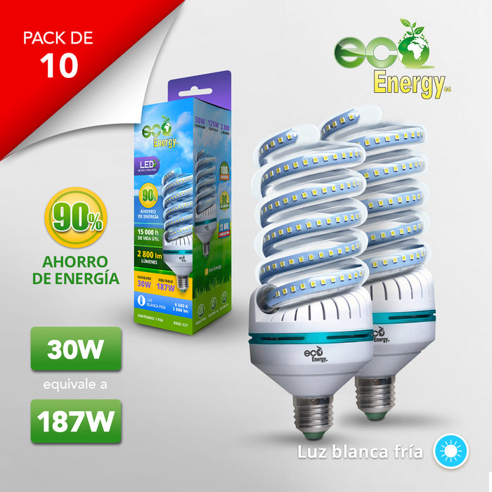 Pack de 10 Focos Espiral LED 30w | Luz blanca fría